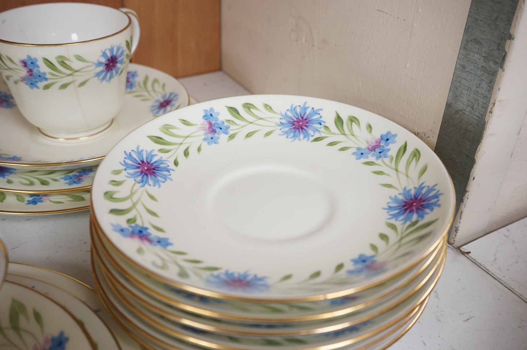 A Wedgwood hand painted ‘Cornflower’ 5417 pattern tea set. Condition - good